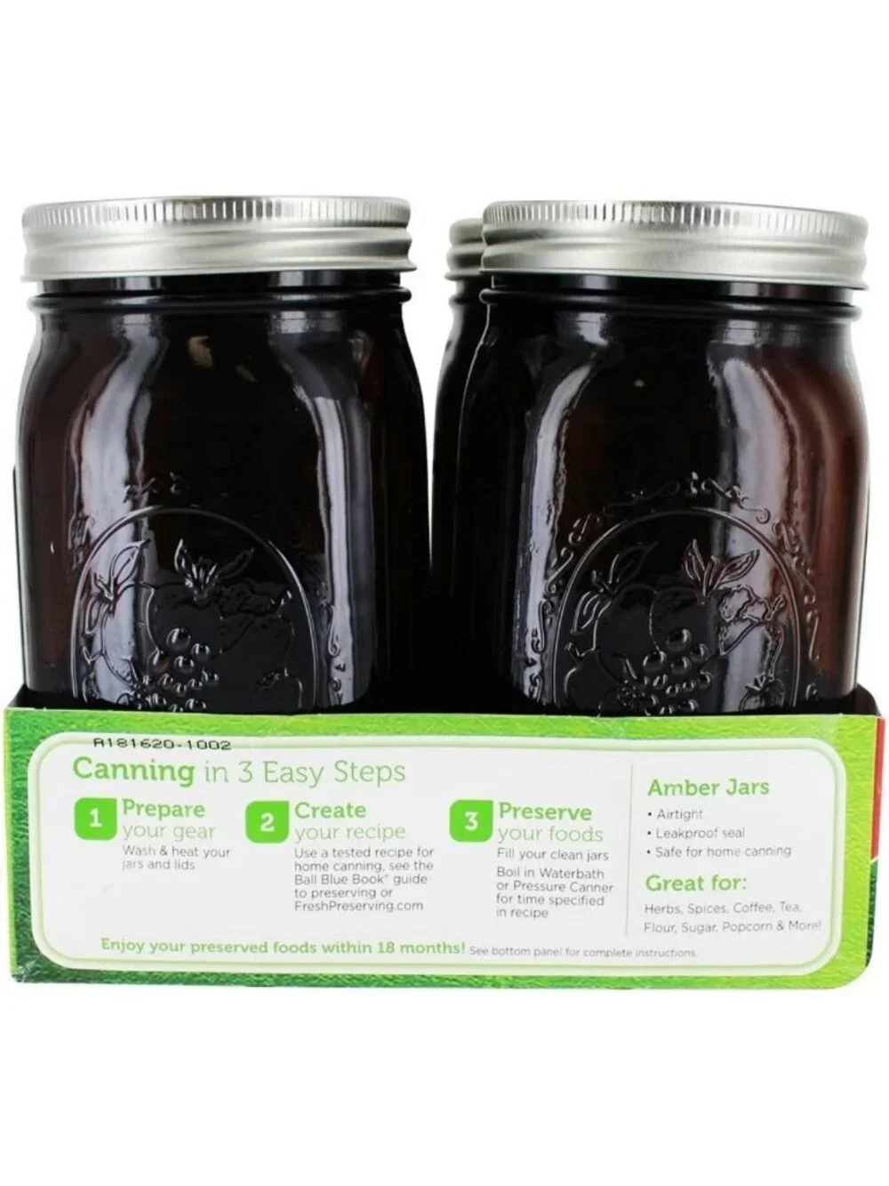 Quart Amber Canning Jars - 4 Count, Wide Mouth Glass Storage Containers for